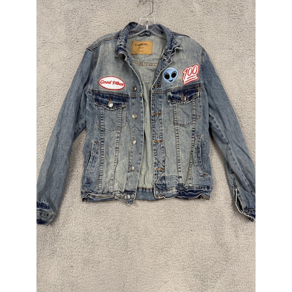 Carbon‎ Denim Jacket Mens Small Distressed Patch Good Vibes Alien Bless Up